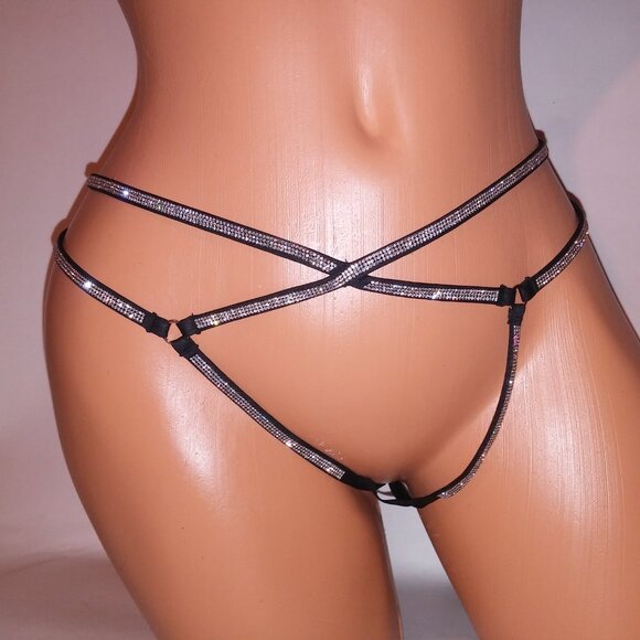 Victoria Secret Panty Thong Shine Strap Black Silver Bling Very Sexy Strappy New - Picture 6 of 10